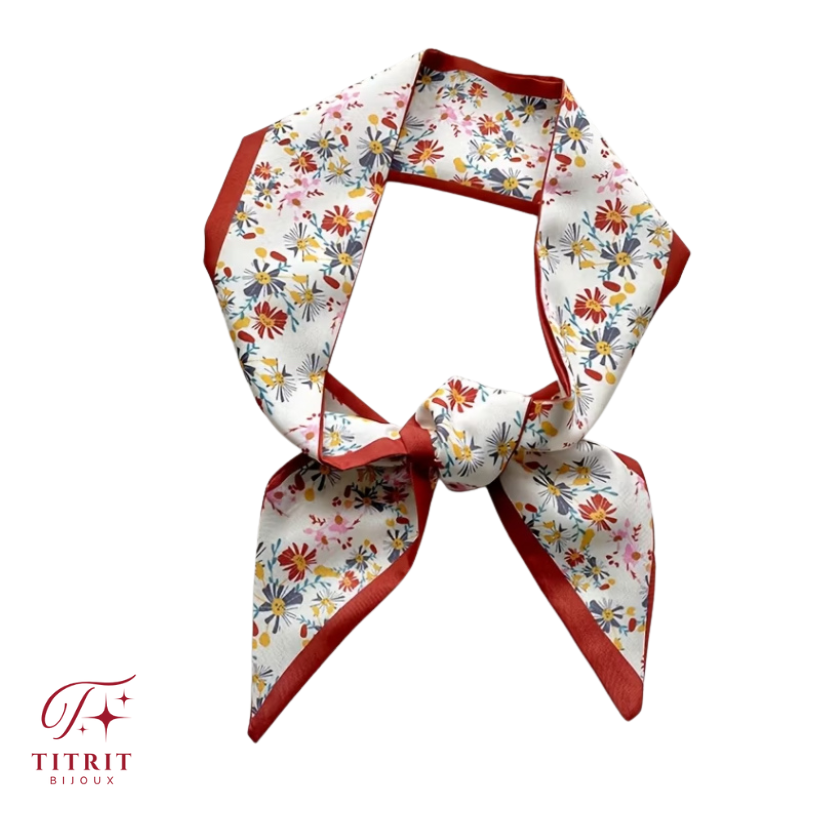 Foulard pour Sac Bordeaux-Blanc Motif Ditsy Floral