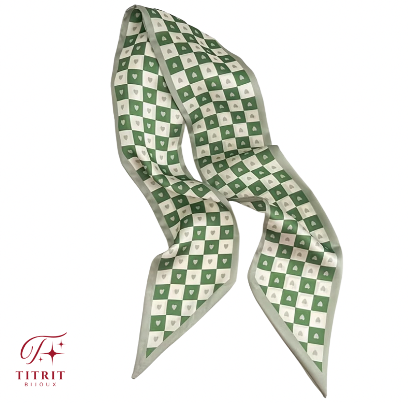 Foulard pour Sac Vert Olive à Motif Carreaux & Cœurs