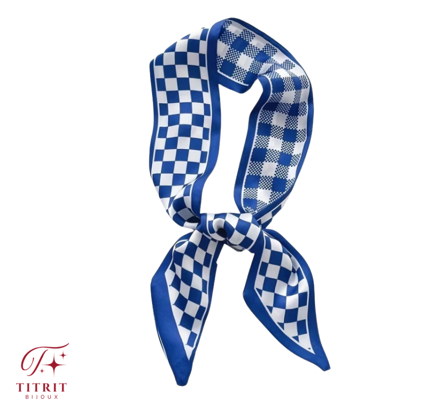 Foulard pour Sac Bleu Motif Checkerboard